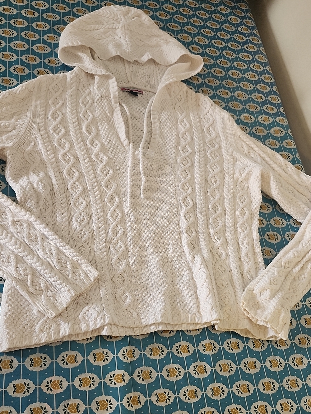 RALPH LAUREN POLO JEANS WHITE CABLE KNIT SWEATER HOODIE V-NECK COTTON Preppy XL